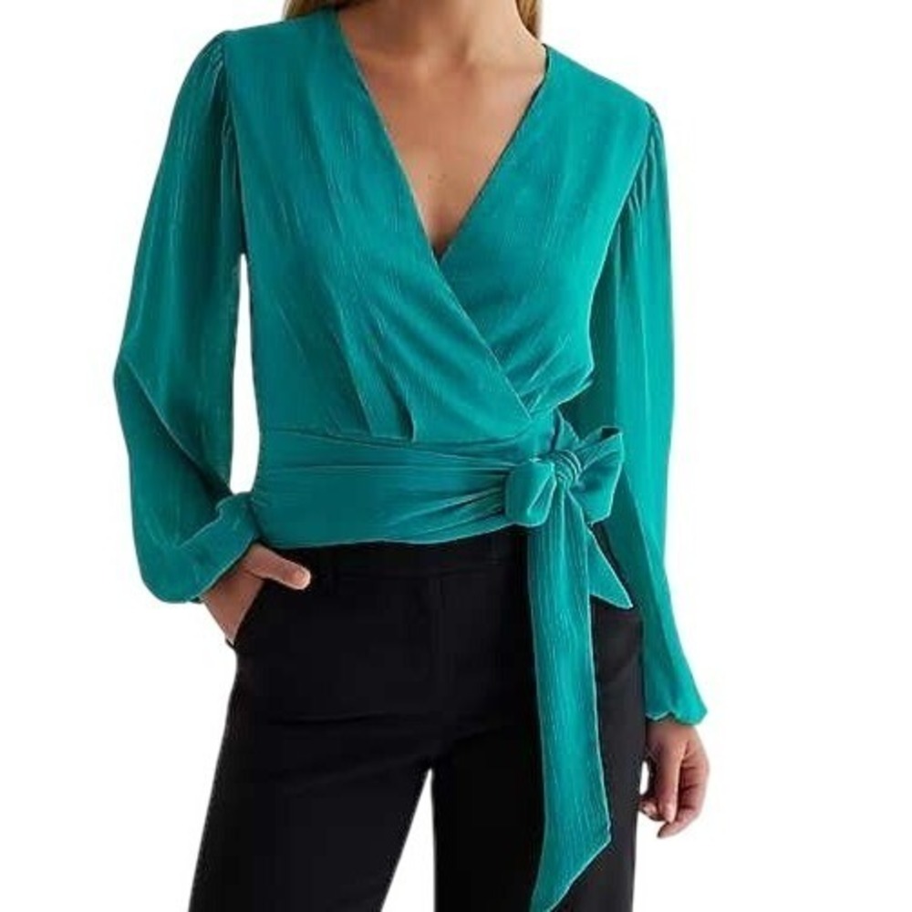 EXPRESS Teal Green Textured Wrap With Side Tie Long Sleeve Blouse NWT Small‎